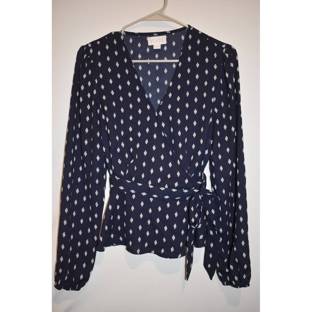 Vixbe Woman's Sheer‎ Wrap Elastic Waist Blouse, Navy Blue, Size Small